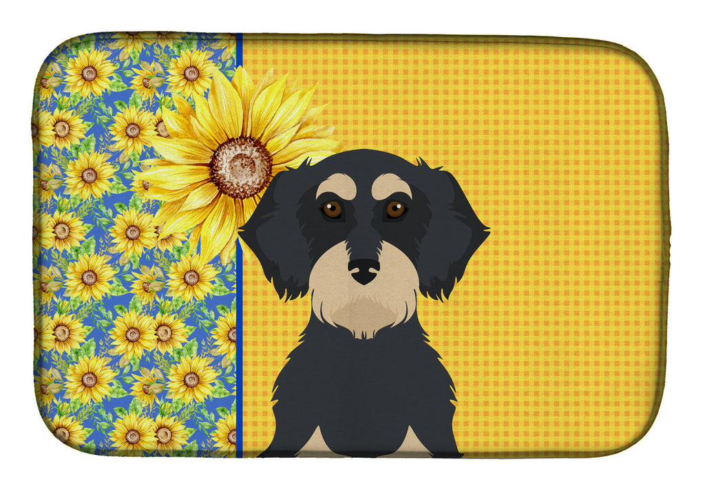 Summer Sunflowers Wirehair Black and Cream Dachshund Dish Drying Mat Absorbent Dish Drying Mat Pad for Kitchen Counter Dish Drainer Mat for Countertop, 14 x 21", Multicolor