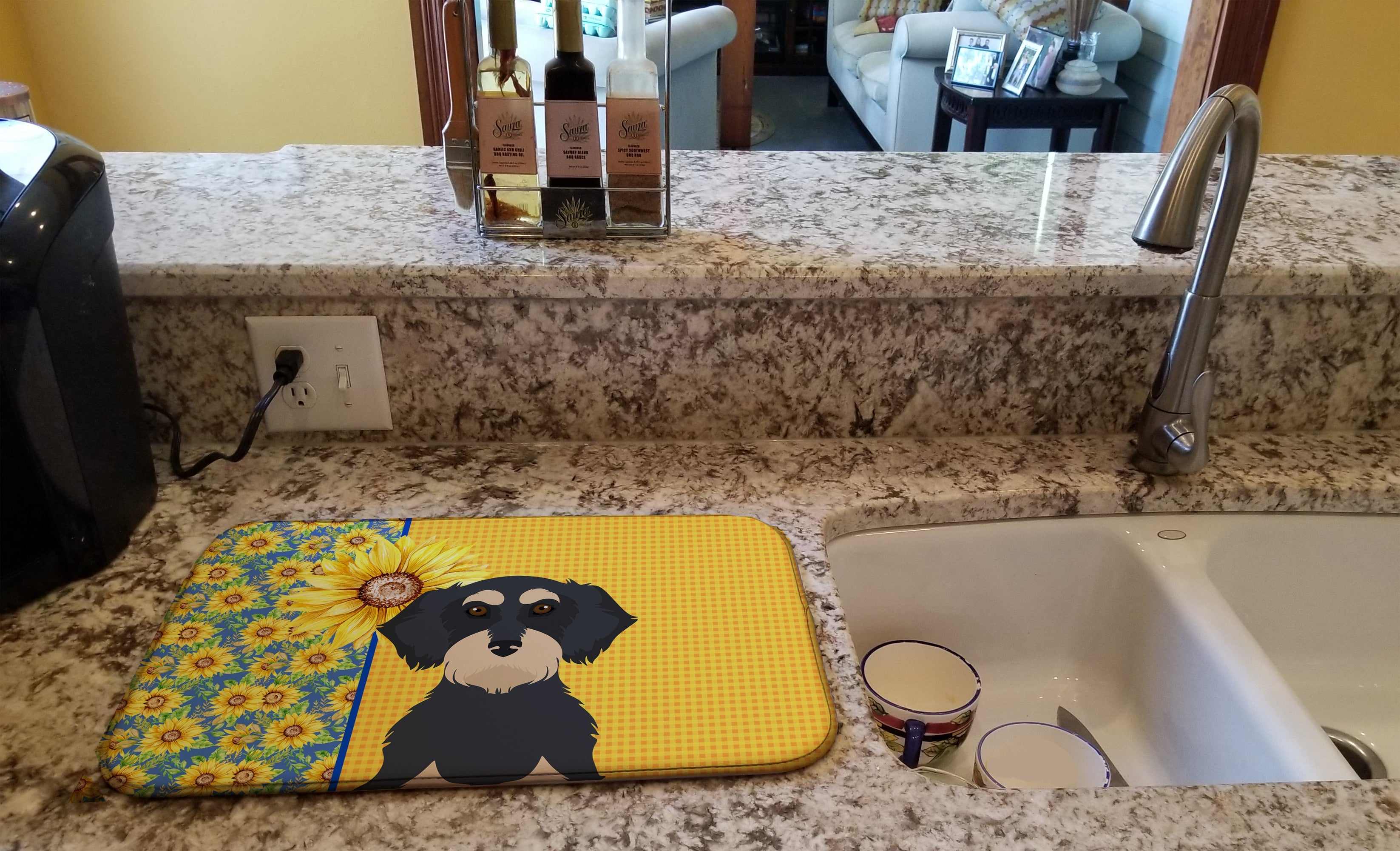 Summer Sunflowers Wirehair Black and Cream Dachshund Dish Drying Mat Absorbent Dish Drying Mat Pad for Kitchen Counter Dish Drainer Mat for Countertop, 14 x 21", Multicolor