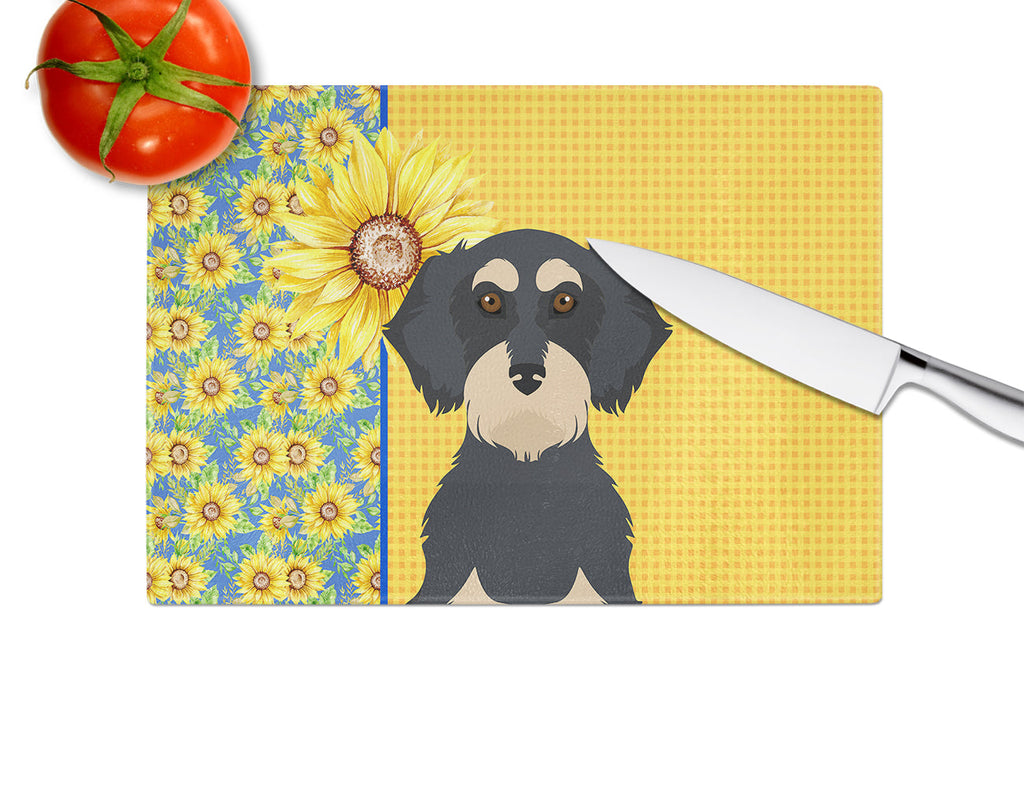 Summer Sunflowers Wirehair Black and Cream Dachshund Cutting Board Tempered Glass Kitchen Cutting Surface, Heat Resistant Chopping, Non-Slip Feet, Food Prep & Serving