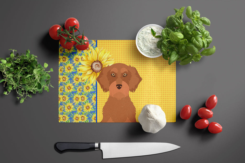 Summer Sunflowers Wirehair Red Dachshund Cutting Board Tempered Glass Kitchen Cutting Surface, Heat Resistant Chopping, Non-Slip Feet, Food Prep & Serving