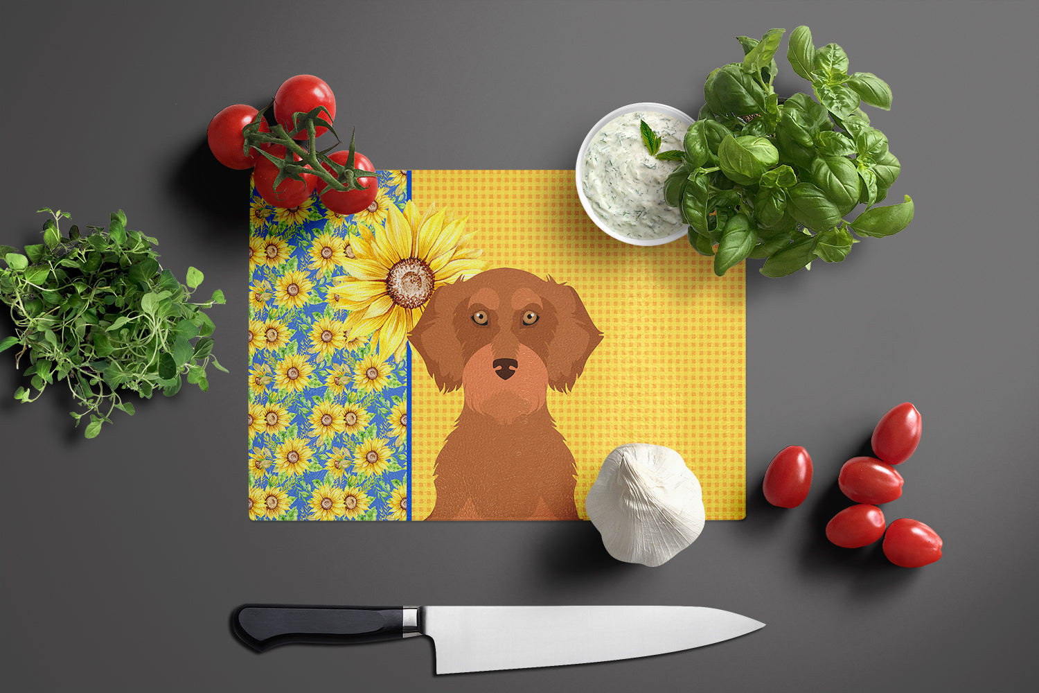 Summer Sunflowers Wirehair Red Dachshund Cutting Board Tempered Glass Kitchen Cutting Surface, Heat Resistant Chopping, Non-Slip Feet, Food Prep & Serving