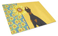 Summer Sunflowers Black and Tan Doberman Pinscher Cutting Board Tempered Glass Kitchen Cutting Surface, Heat Resistant Chopping, Non-Slip Feet, Food Prep & Serving