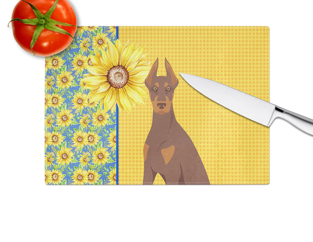 Summer Sunflowers Red and Tan Doberman Pinscher Cutting Board Tempered Glass Kitchen Cutting Surface, Heat Resistant Chopping, Non-Slip Feet, Food Prep & Serving