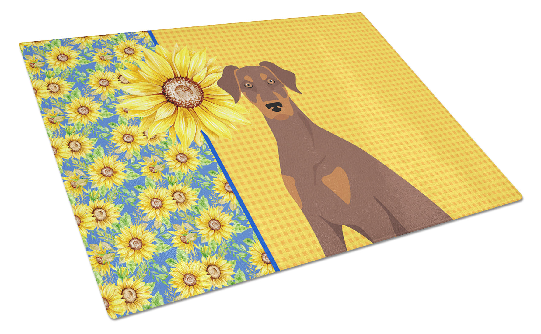 Summer Sunflowers Natural Ear Red and Tan Doberman Pinscher Cutting Board Tempered Glass Kitchen Cutting Surface, Heat Resistant Chopping, Non-Slip Feet, Food Prep & Serving