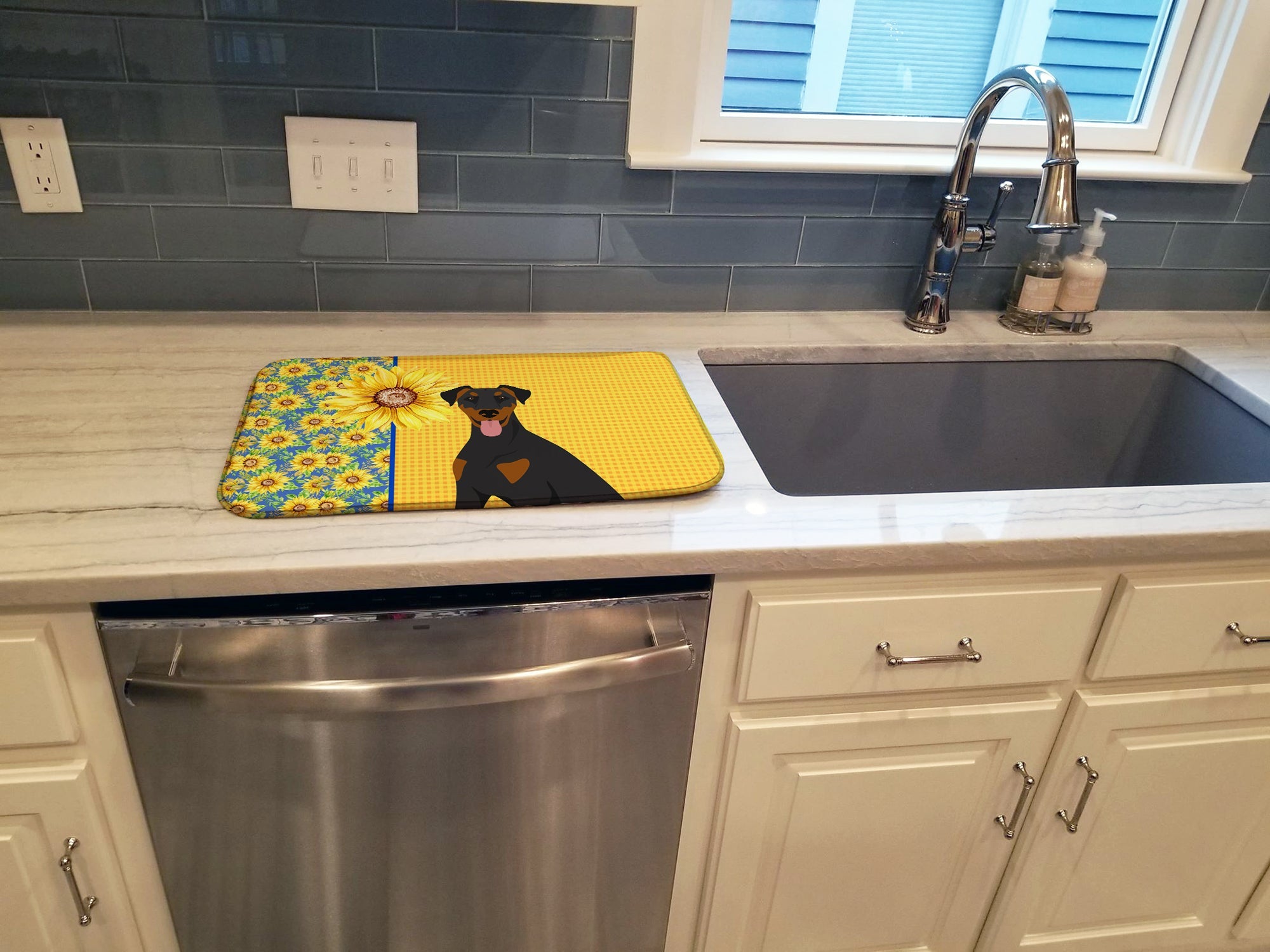 Summer Sunflowers Natural Ear Black and Tan Doberman Pinscher Dish Drying Mat Absorbent Dish Drying Mat Pad for Kitchen Counter Dish Drainer Mat for Countertop, 14 x 21", Multicolor