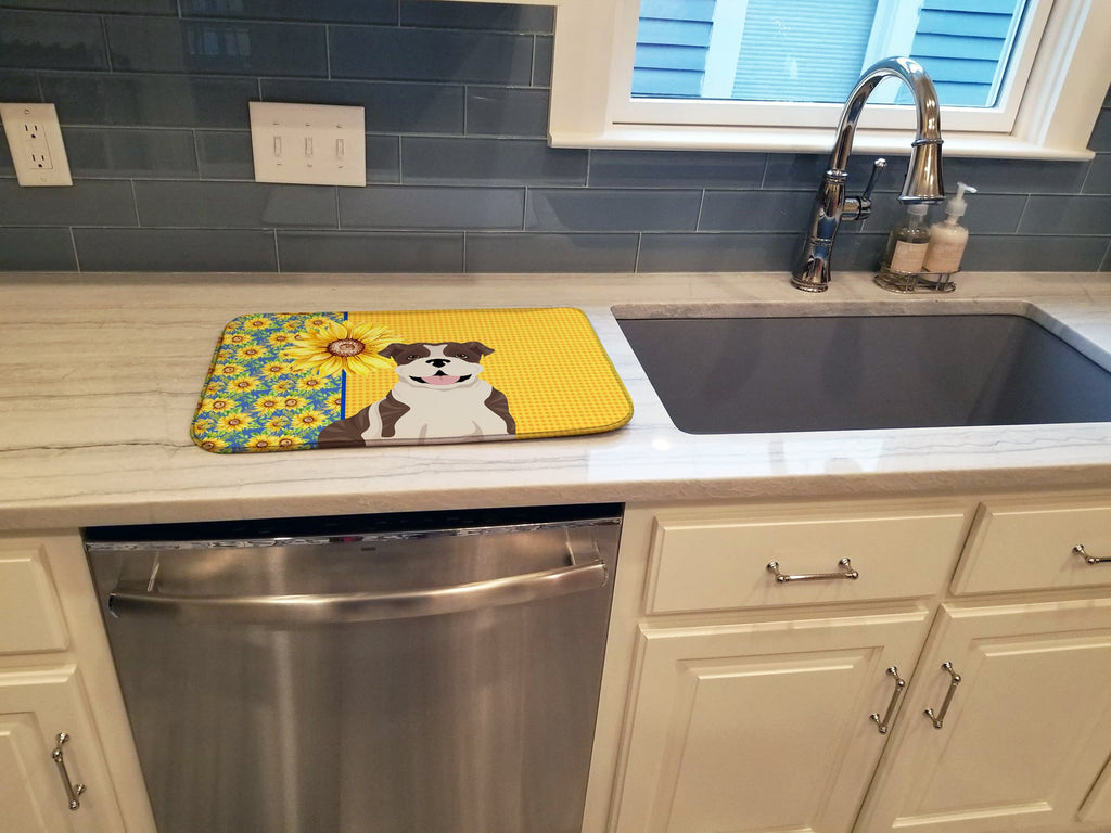Summer Sunflowers Brindle English Bulldog Dish Drying Mat Absorbent Dish Drying Mat Pad for Kitchen Counter Dish Drainer Mat for Countertop, 14 x 21", Multicolor