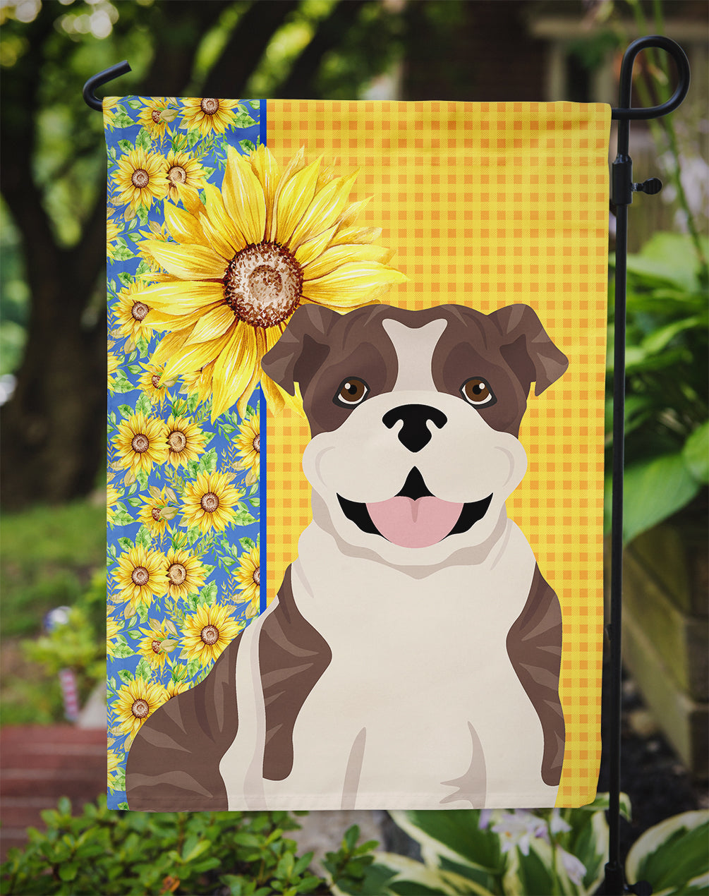 Summer Sunflowers Brindle English Bulldog Garden Flag Mailbox Decorative Yard Banner Outside Patio Artwork for Flower Beds, Garden Size, Multicolor