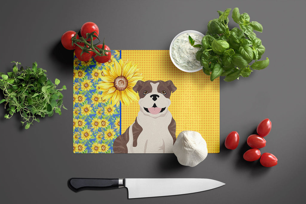 Summer Sunflowers Brindle English Bulldog Cutting Board Tempered Glass Kitchen Cutting Surface, Heat Resistant Chopping, Non-Slip Feet, Food Prep & Serving
