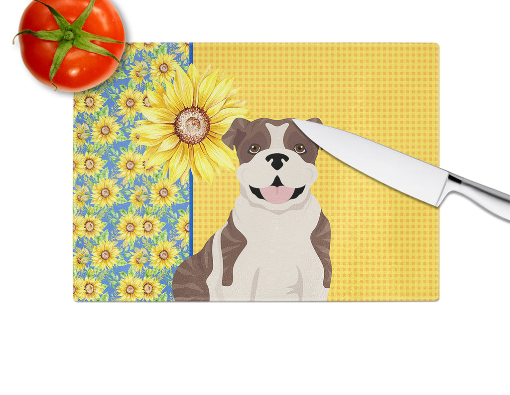 Summer Sunflowers Brindle English Bulldog Cutting Board Tempered Glass Kitchen Cutting Surface, Heat Resistant Chopping, Non-Slip Feet, Food Prep & Serving
