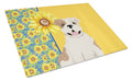 Summer Sunflowers Piebald English Bulldog Cutting Board Tempered Glass Kitchen Cutting Surface, Heat Resistant Chopping, Non-Slip Feet, Food Prep & Serving