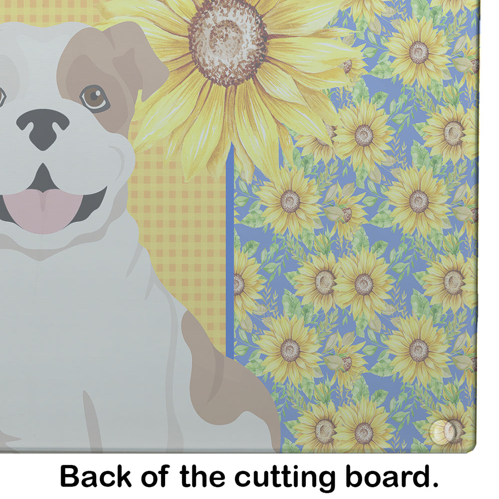 Summer Sunflowers Piebald English Bulldog Cutting Board Tempered Glass Kitchen Cutting Surface, Heat Resistant Chopping, Non-Slip Feet, Food Prep & Serving