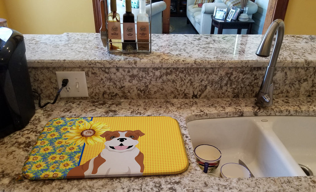 Summer Sunflowers Red English Bulldog Dish Drying Mat Absorbent Dish Drying Mat Pad for Kitchen Counter Dish Drainer Mat for Countertop, 14 x 21", Multicolor
