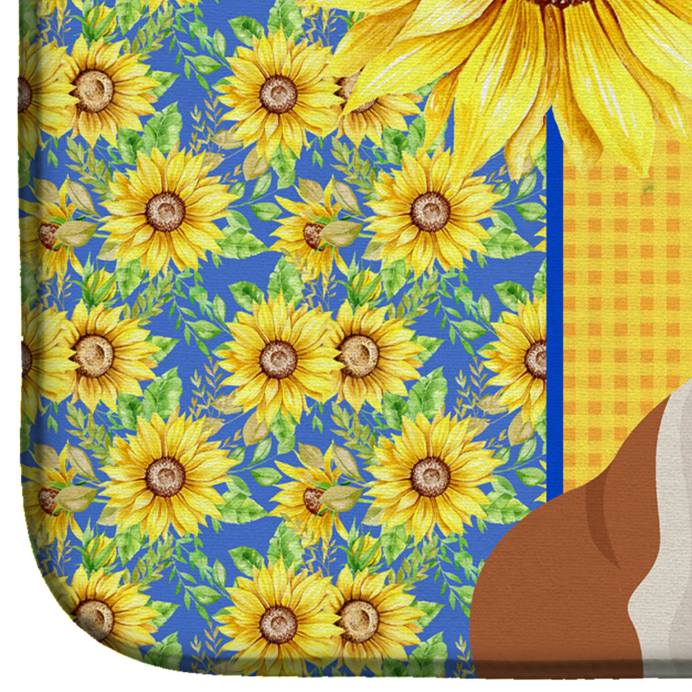 Summer Sunflowers Red English Bulldog Dish Drying Mat Absorbent Dish Drying Mat Pad for Kitchen Counter Dish Drainer Mat for Countertop, 14 x 21", Multicolor