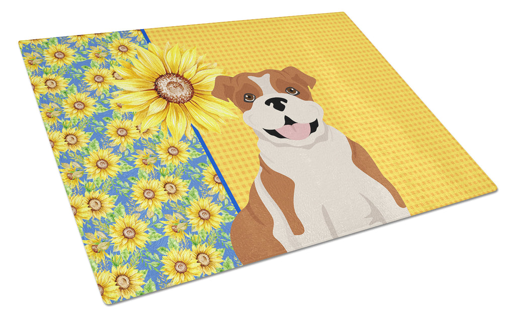 Summer Sunflowers Red English Bulldog Cutting Board Tempered Glass Kitchen Cutting Surface, Heat Resistant Chopping, Non-Slip Feet, Food Prep & Serving