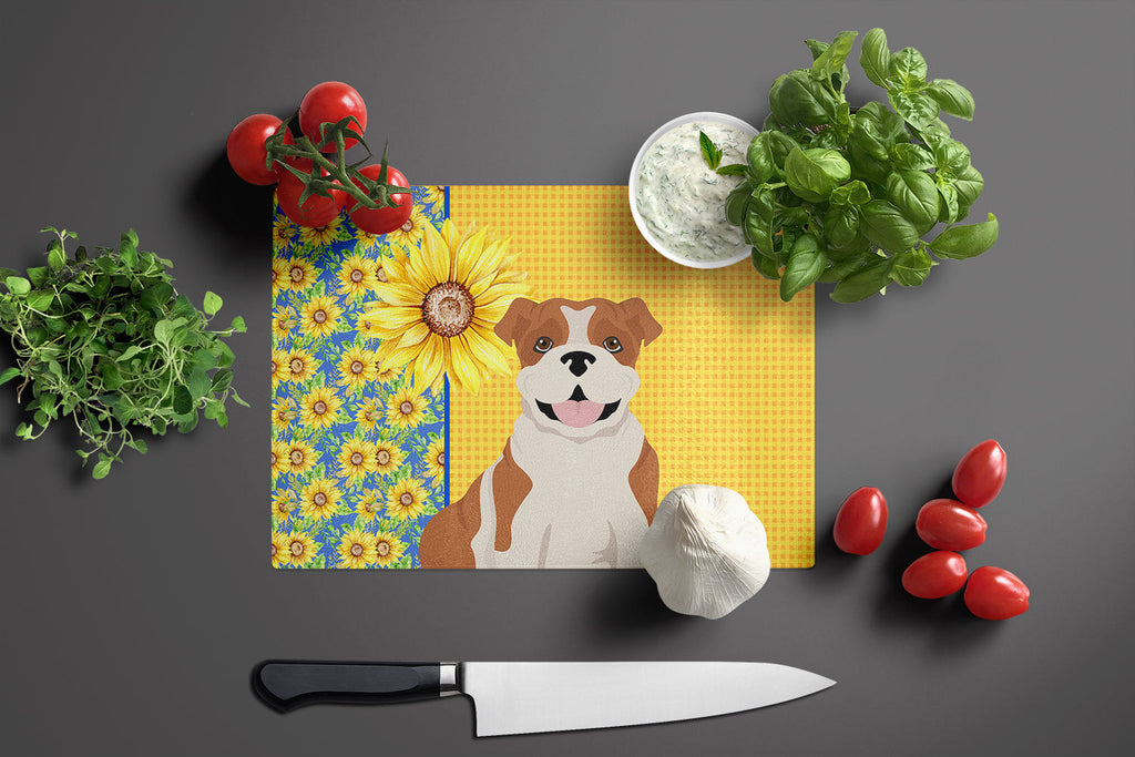 Summer Sunflowers Red English Bulldog Cutting Board Tempered Glass Kitchen Cutting Surface, Heat Resistant Chopping, Non-Slip Feet, Food Prep & Serving