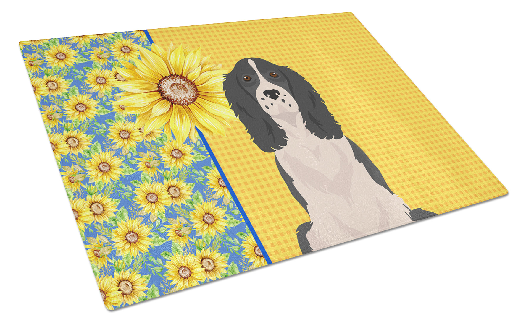 Summer Sunflowers Black English Springer Spaniel Cutting Board Tempered Glass Kitchen Cutting Surface, Heat Resistant Chopping, Non-Slip Feet, Food Prep & Serving