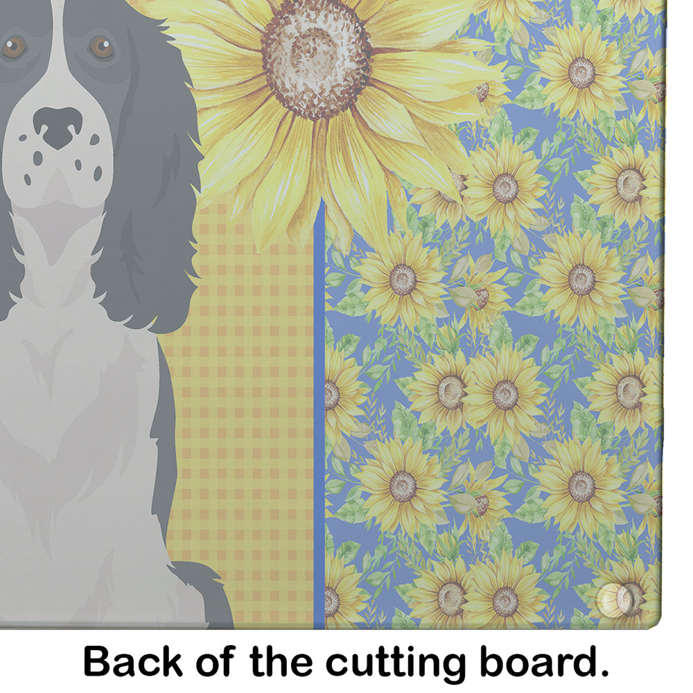 Summer Sunflowers Black English Springer Spaniel Cutting Board Tempered Glass Kitchen Cutting Surface, Heat Resistant Chopping, Non-Slip Feet, Food Prep & Serving