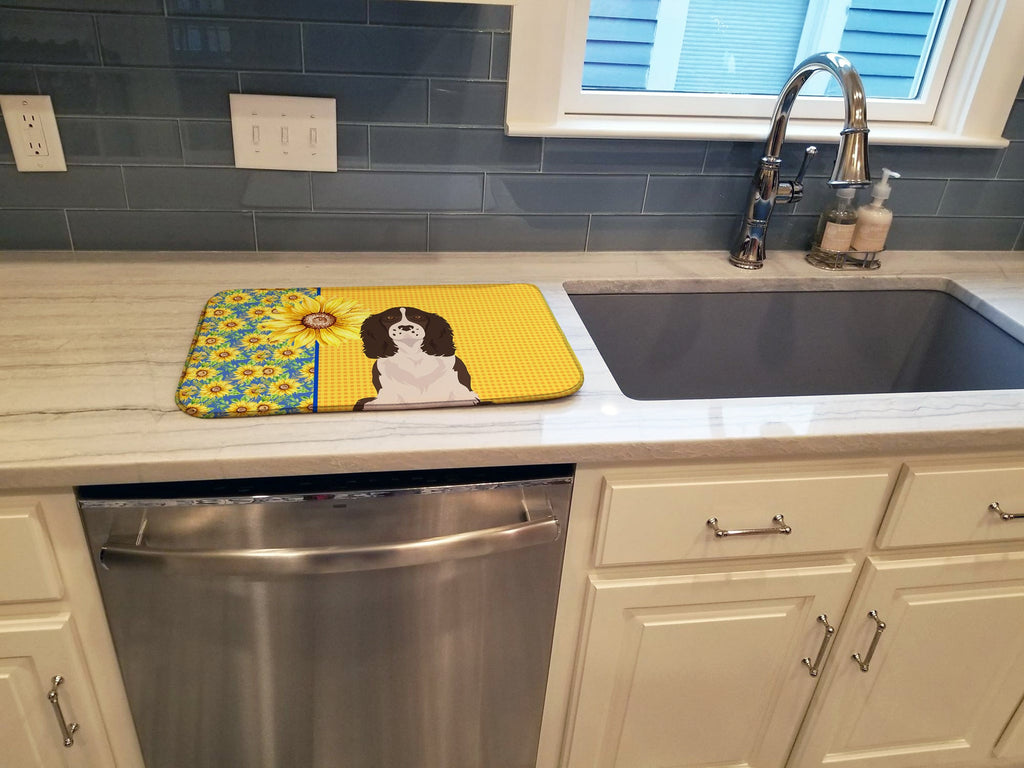Summer Sunflowers Liver English Springer Spaniel Dish Drying Mat Absorbent Dish Drying Mat Pad for Kitchen Counter Dish Drainer Mat for Countertop, 14 x 21", Multicolor