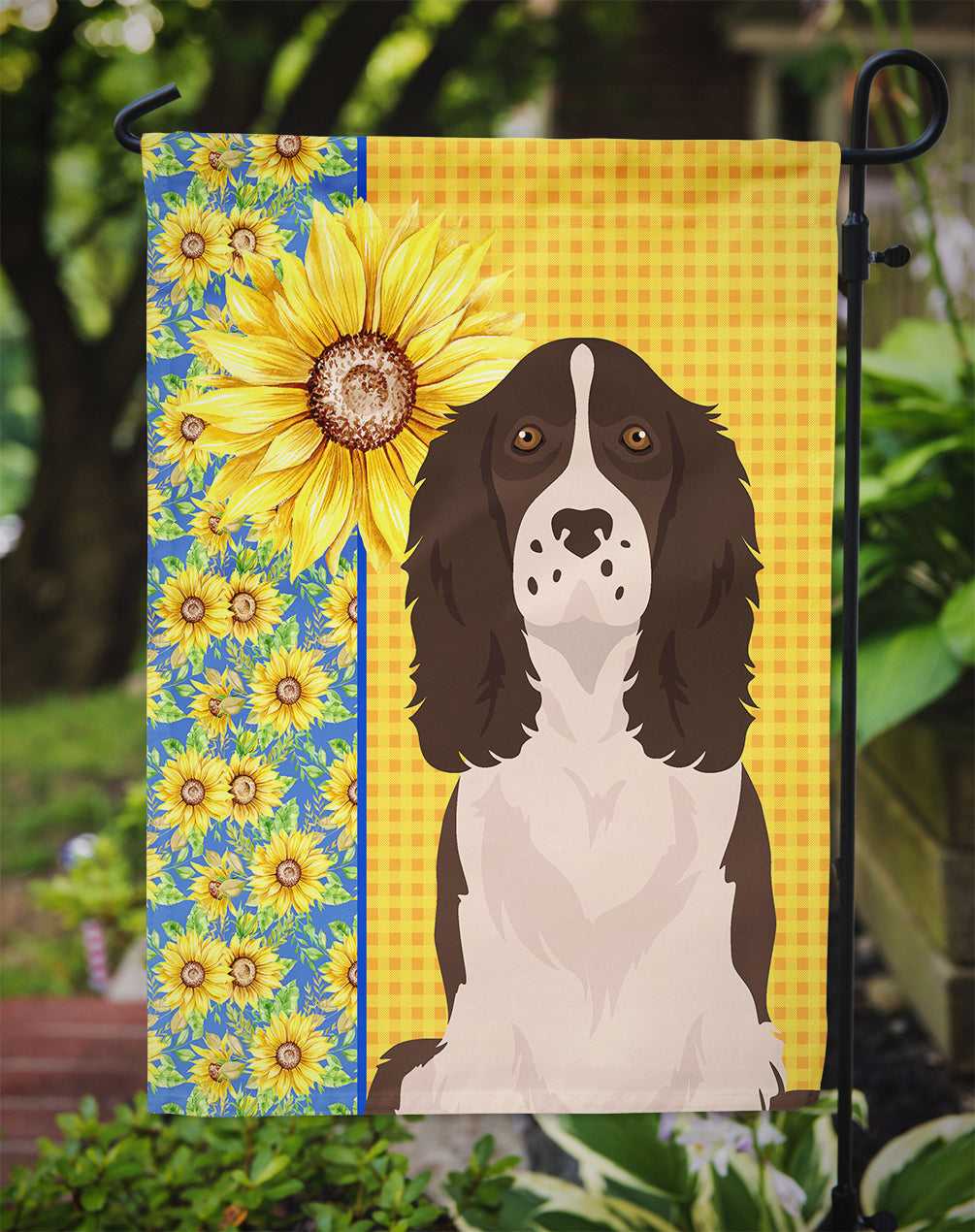 Summer Sunflowers Liver English Springer Spaniel Garden Flag Mailbox Decorative Yard Banner Outside Patio Artwork for Flower Beds, Garden Size, Multicolor
