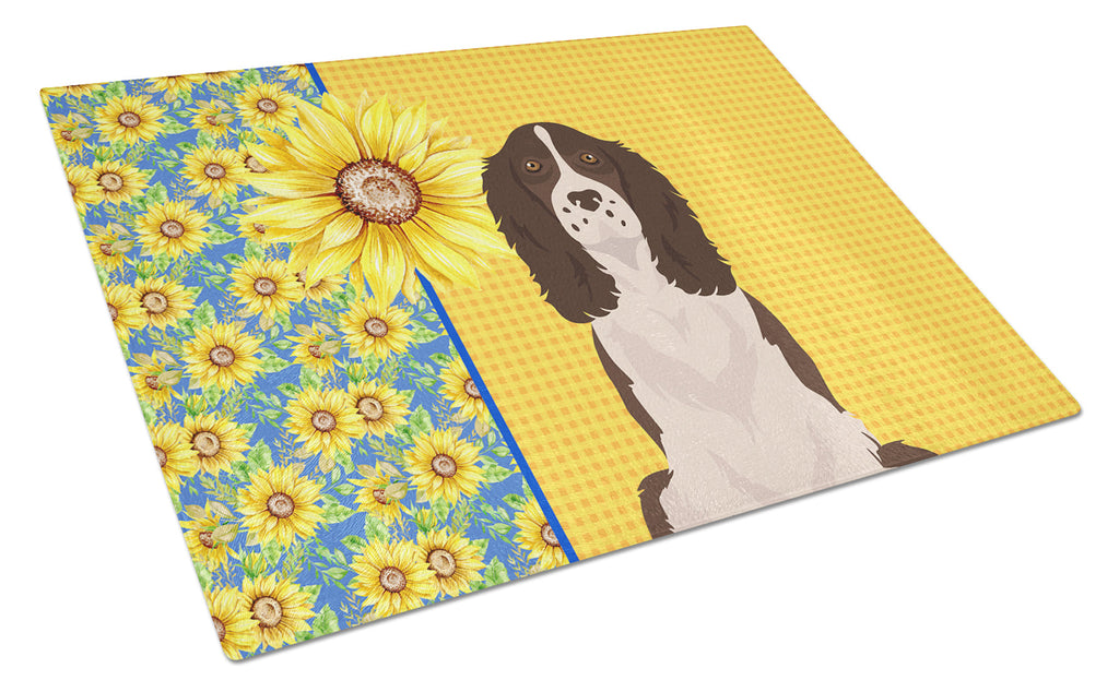 Summer Sunflowers Liver English Springer Spaniel Cutting Board Tempered Glass Kitchen Cutting Surface, Heat Resistant Chopping, Non-Slip Feet, Food Prep & Serving