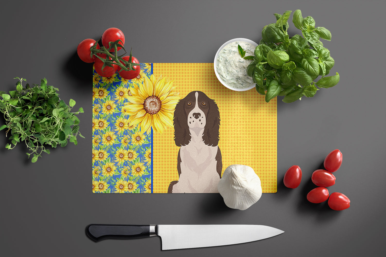 Summer Sunflowers Liver English Springer Spaniel Cutting Board Tempered Glass Kitchen Cutting Surface, Heat Resistant Chopping, Non-Slip Feet, Food Prep & Serving