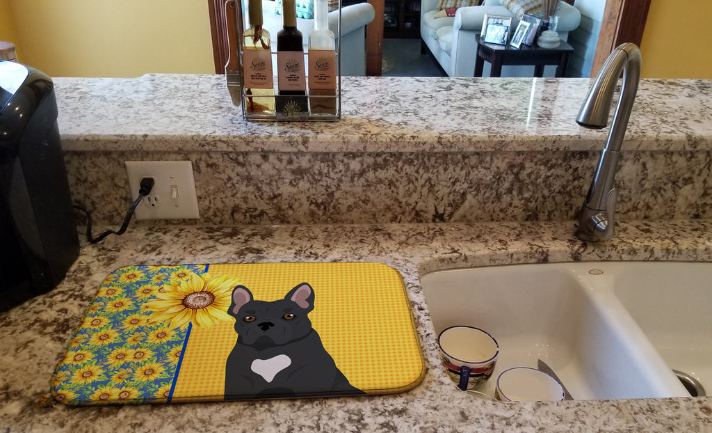Summer Sunflowers Black French Bulldog Dish Drying Mat Absorbent Dish Drying Mat Pad for Kitchen Counter Dish Drainer Mat for Countertop, 14 x 21", Multicolor
