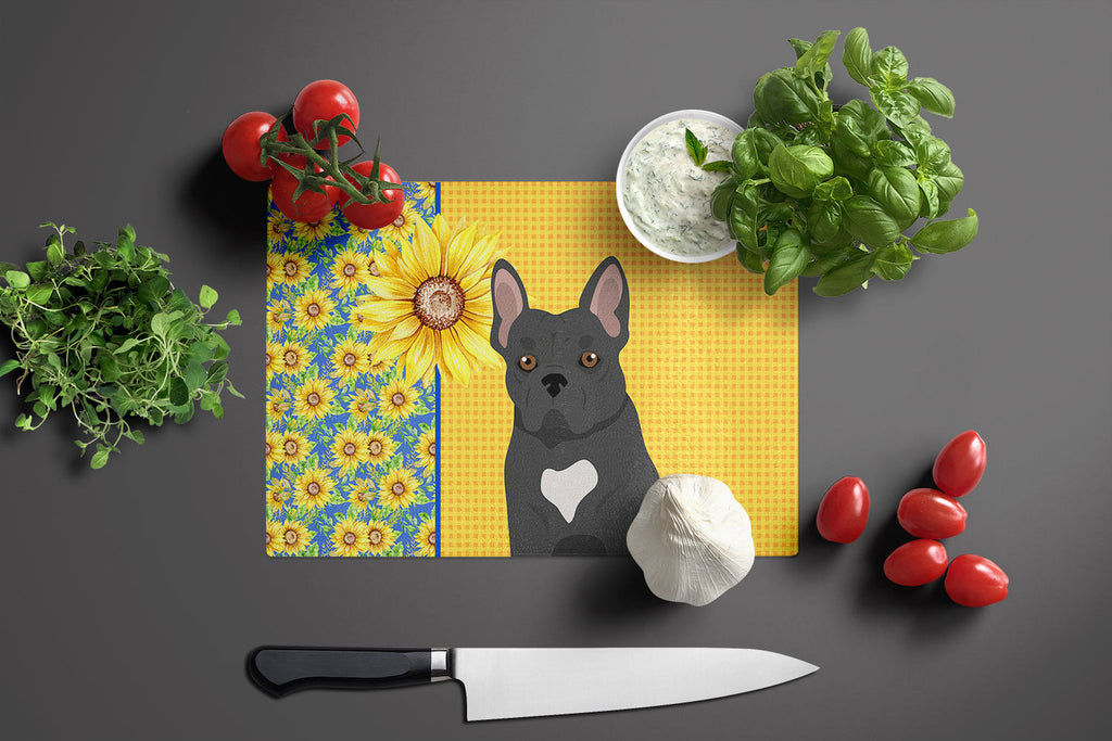 Summer Sunflowers Black French Bulldog Cutting Board Tempered Glass Kitchen Cutting Surface, Heat Resistant Chopping, Non-Slip Feet, Food Prep & Serving
