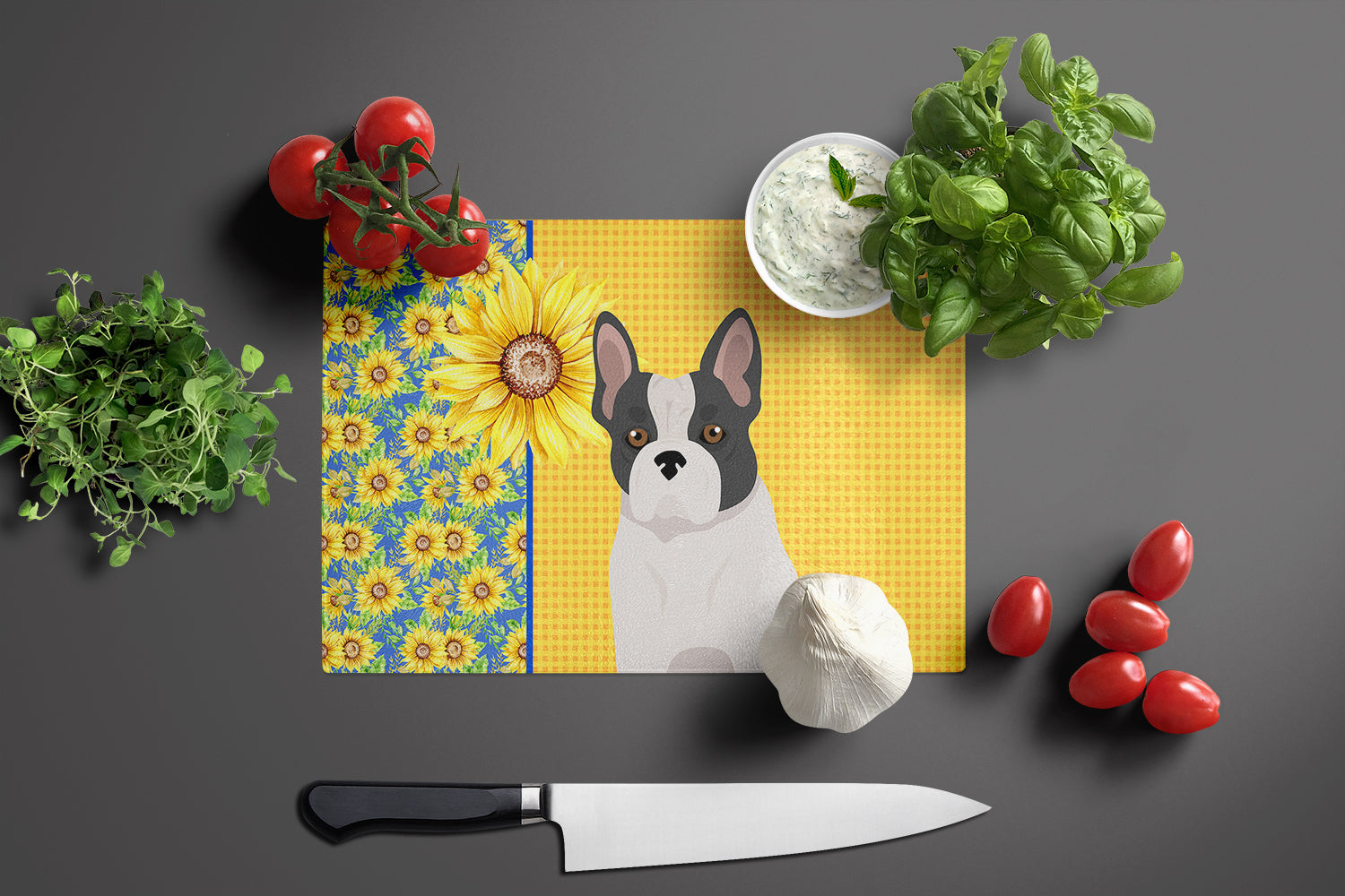 Summer Sunflowers Black and White French Bulldog Cutting Board Tempered Glass Kitchen Cutting Surface, Heat Resistant Chopping, Non-Slip Feet, Food Prep & Serving