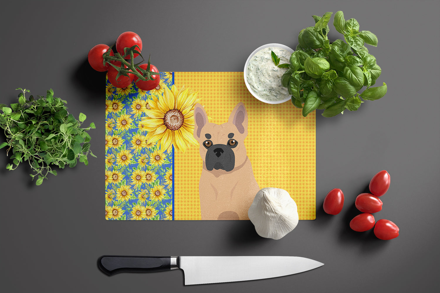 Summer Sunflowers Fawn French Bulldog Cutting Board Tempered Glass Kitchen Cutting Surface, Heat Resistant Chopping, Non-Slip Feet, Food Prep & Serving
