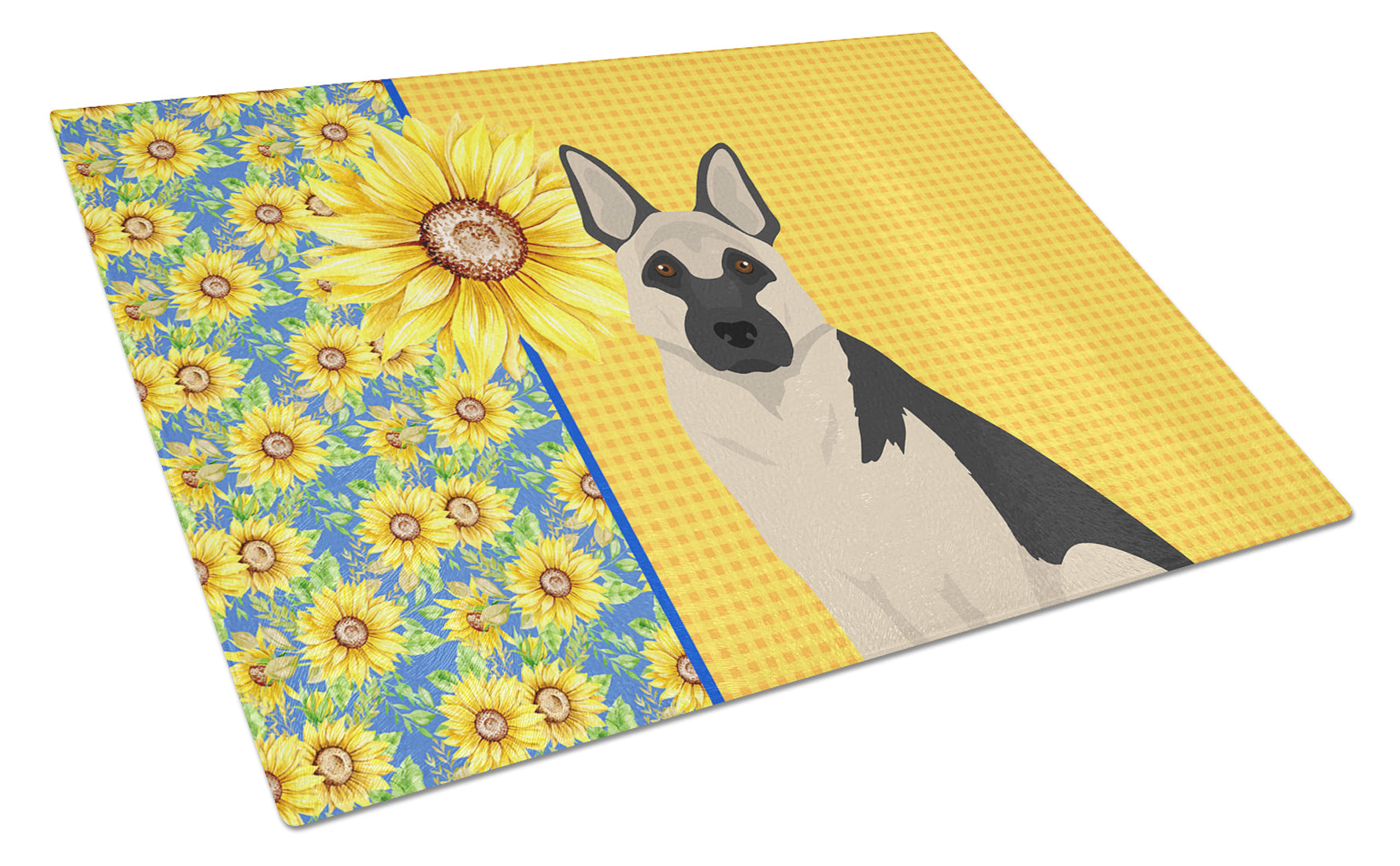 Summer Sunflowers Black and Silver German Shepherd Cutting Board Tempered Glass Kitchen Cutting Surface, Heat Resistant Chopping, Non-Slip Feet, Food Prep & Serving
