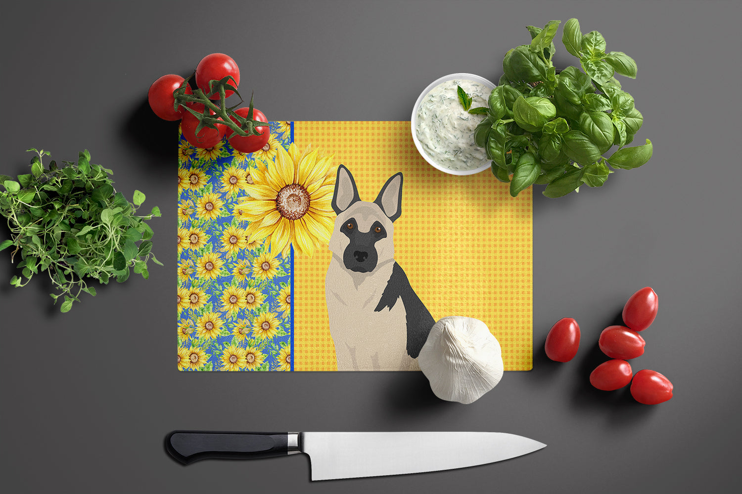 Summer Sunflowers Black and Silver German Shepherd Cutting Board Tempered Glass Kitchen Cutting Surface, Heat Resistant Chopping, Non-Slip Feet, Food Prep & Serving