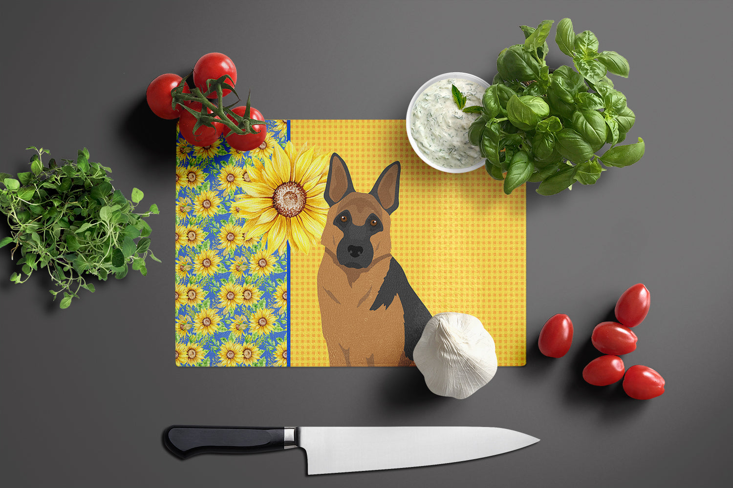 Summer Sunflowers Black and Tan German Shepherd Cutting Board Tempered Glass Kitchen Cutting Surface, Heat Resistant Chopping, Non-Slip Feet, Food Prep & Serving