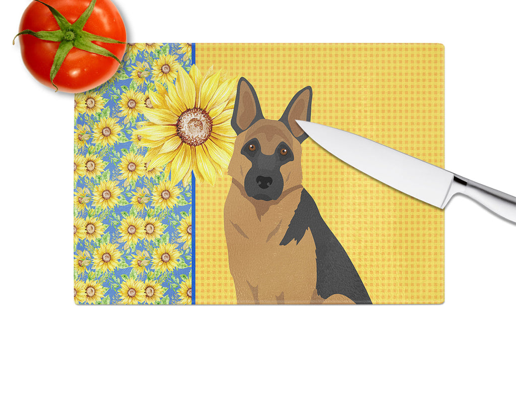 Summer Sunflowers Black and Tan German Shepherd Cutting Board Tempered Glass Kitchen Cutting Surface, Heat Resistant Chopping, Non-Slip Feet, Food Prep & Serving