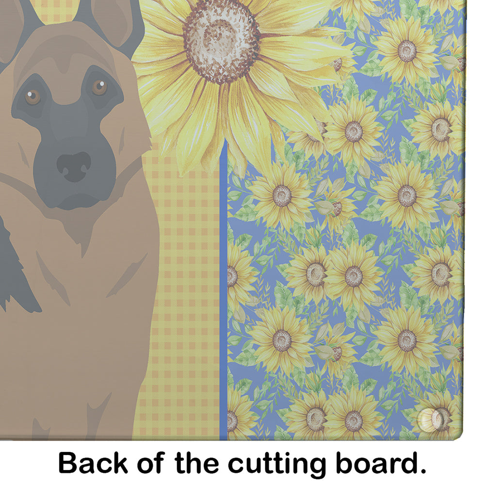 Summer Sunflowers Black and Tan German Shepherd Cutting Board Tempered Glass Kitchen Cutting Surface, Heat Resistant Chopping, Non-Slip Feet, Food Prep & Serving