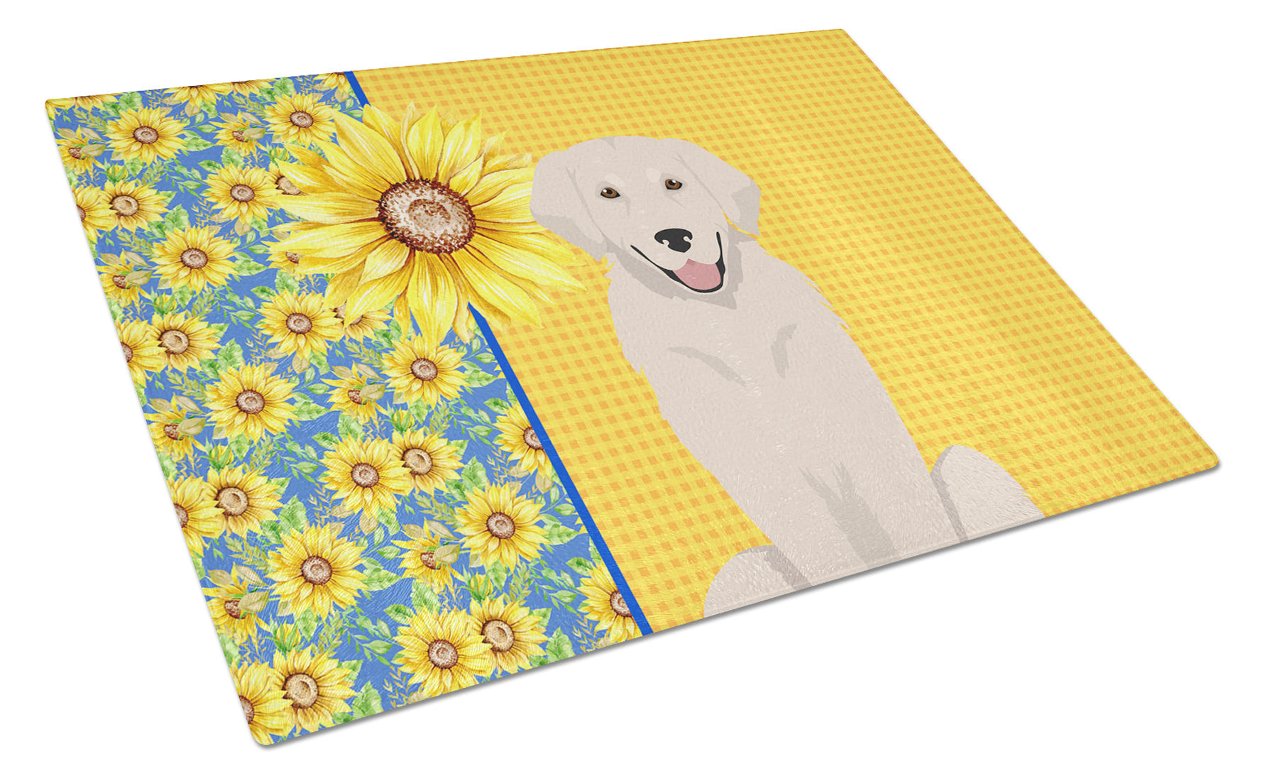 Summer Sunflowers Cream Golden Retriever Cutting Board Tempered Glass Kitchen Cutting Surface, Heat Resistant Chopping, Non-Slip Feet, Food Prep & Serving