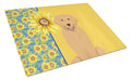 Summer Sunflowers Gold Golden Retriever Cutting Board Tempered Glass Kitchen Cutting Surface, Heat Resistant Chopping, Non-Slip Feet, Food Prep & Serving