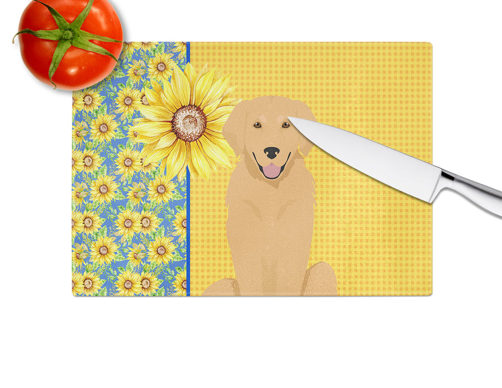 Summer Sunflowers Gold Golden Retriever Cutting Board Tempered Glass Kitchen Cutting Surface, Heat Resistant Chopping, Non-Slip Feet, Food Prep & Serving