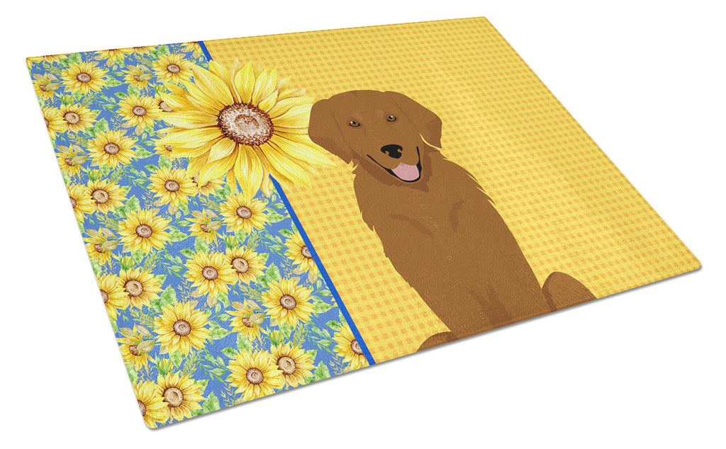 Summer Sunflowers Mahogany Golden Retriever Cutting Board Tempered Glass Kitchen Cutting Surface, Heat Resistant Chopping, Non-Slip Feet, Food Prep & Serving