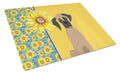 Summer Sunflowers Fawn Great Dane Cutting Board Tempered Glass Kitchen Cutting Surface, Heat Resistant Chopping, Non-Slip Feet, Food Prep & Serving
