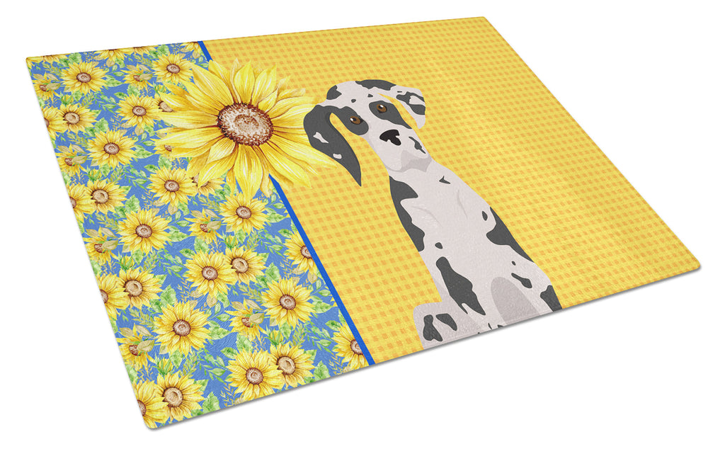 Summer Sunflowers Harlequin Great Dane Cutting Board Tempered Glass Kitchen Cutting Surface, Heat Resistant Chopping, Non-Slip Feet, Food Prep & Serving