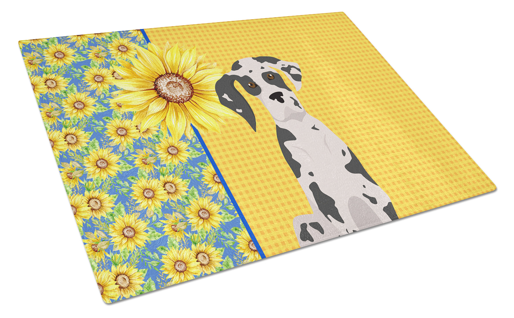 Summer Sunflowers Harlequin Great Dane Cutting Board Tempered Glass Kitchen Cutting Surface, Heat Resistant Chopping, Non-Slip Feet, Food Prep & Serving