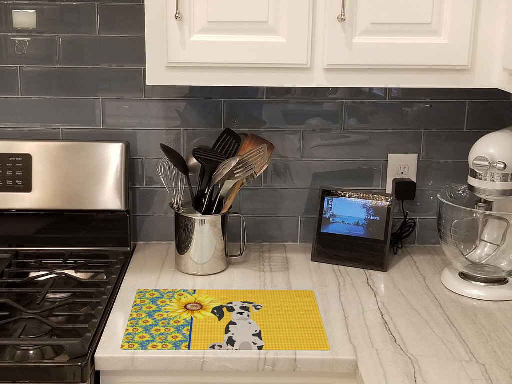 Summer Sunflowers Harlequin Great Dane Cutting Board Tempered Glass Kitchen Cutting Surface, Heat Resistant Chopping, Non-Slip Feet, Food Prep & Serving
