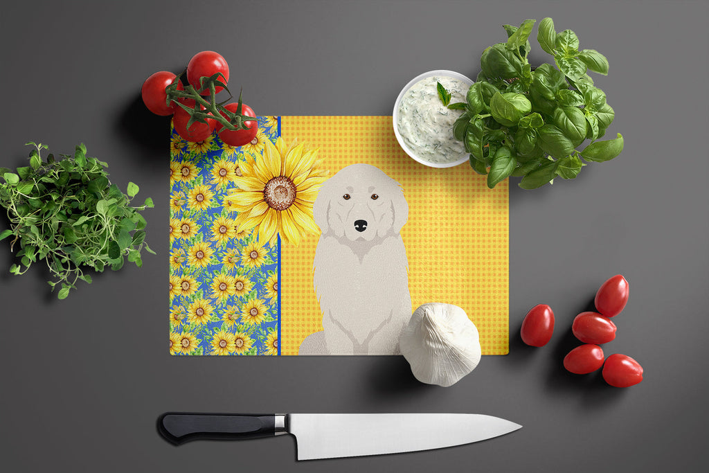 Summer Sunflowers Great Pyrenees Cutting Board Tempered Glass Kitchen Cutting Surface, Heat Resistant Chopping, Non-Slip Feet, Food Prep & Serving