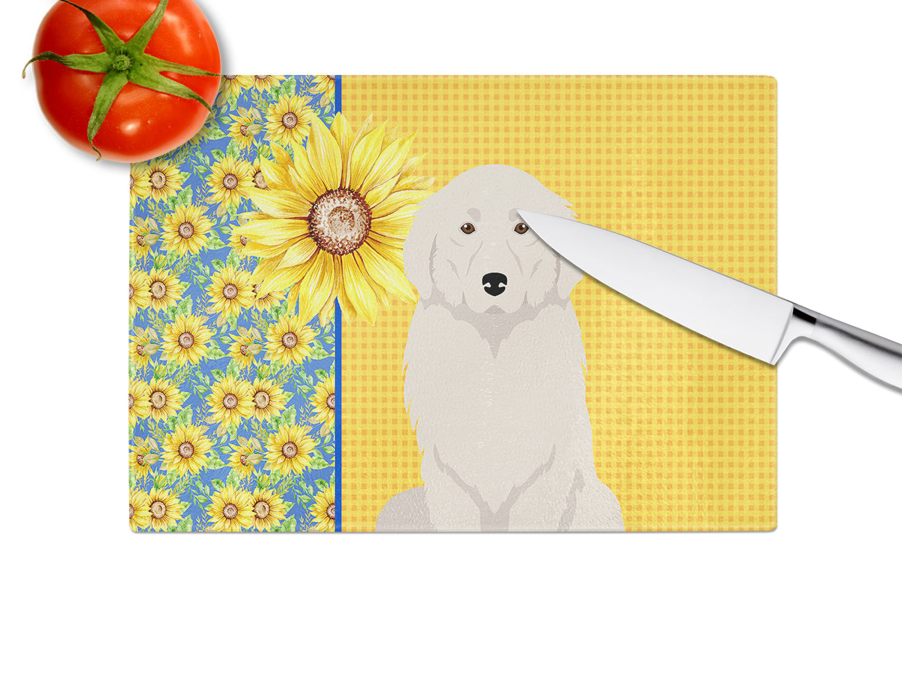 Summer Sunflowers Great Pyrenees Cutting Board Tempered Glass Kitchen Cutting Surface, Heat Resistant Chopping, Non-Slip Feet, Food Prep & Serving
