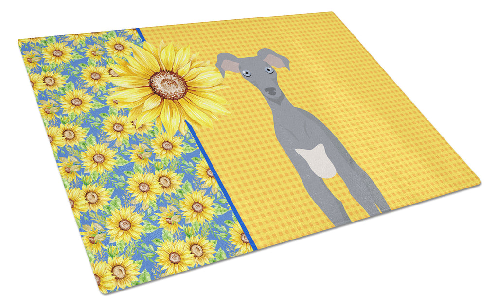 Summer Sunflowers Gray Italian Greyhound Cutting Board Tempered Glass Kitchen Cutting Surface, Heat Resistant Chopping, Non-Slip Feet, Food Prep & Serving