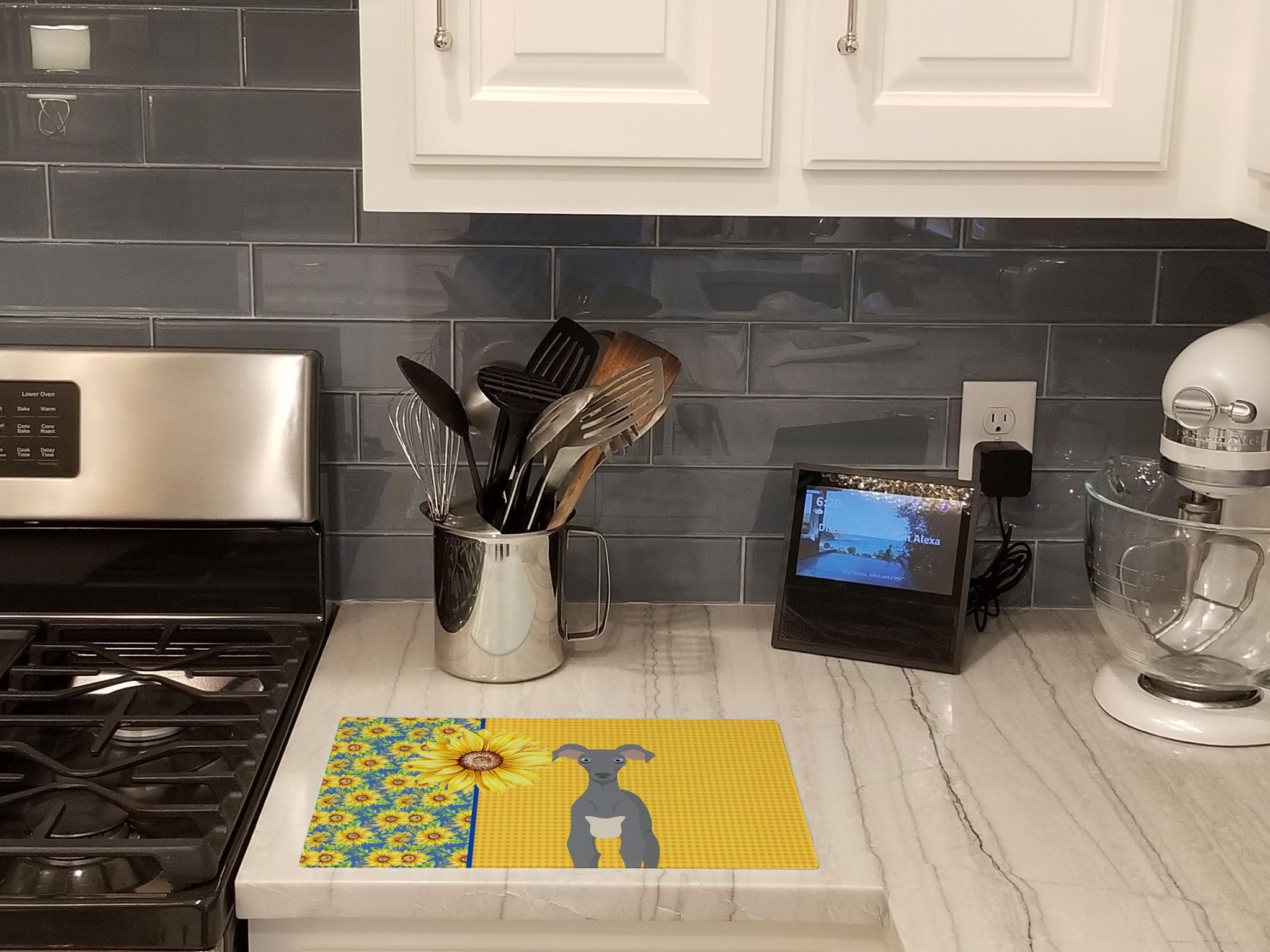 Summer Sunflowers Gray Italian Greyhound Cutting Board Tempered Glass Kitchen Cutting Surface, Heat Resistant Chopping, Non-Slip Feet, Food Prep & Serving