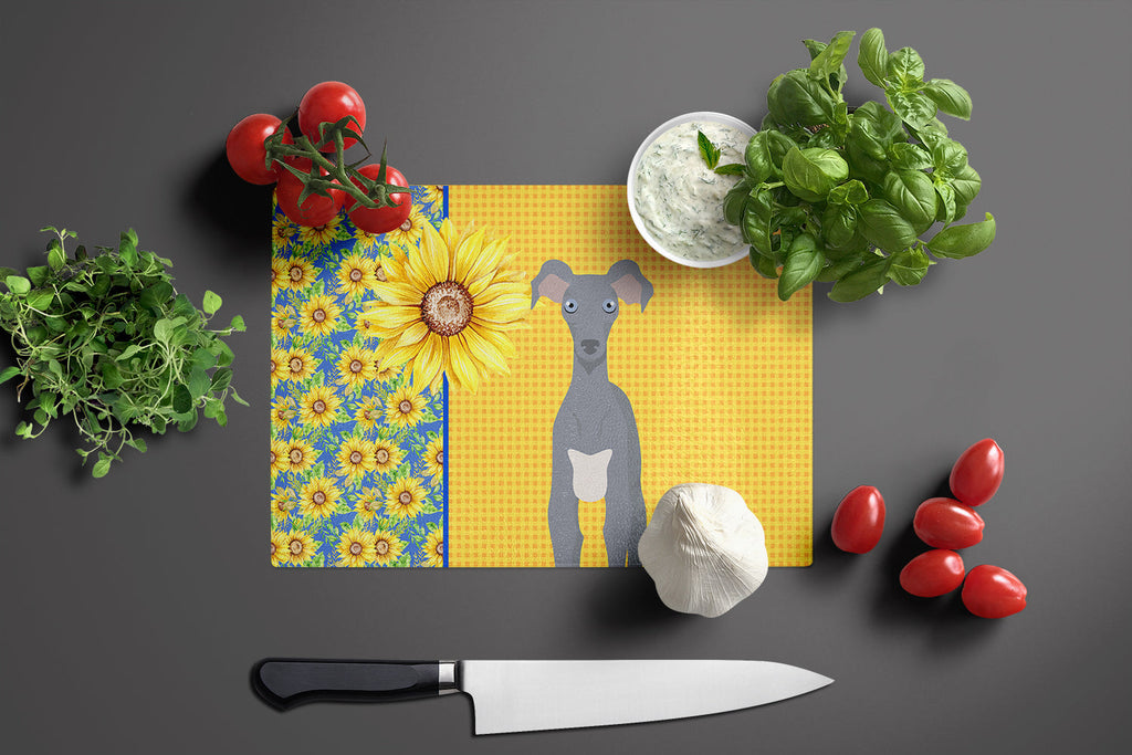Summer Sunflowers Gray Italian Greyhound Cutting Board Tempered Glass Kitchen Cutting Surface, Heat Resistant Chopping, Non-Slip Feet, Food Prep & Serving