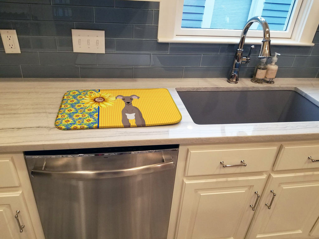 Summer Sunflowers Fawn Italian Greyhound Dish Drying Mat Absorbent Dish Drying Mat Pad for Kitchen Counter Dish Drainer Mat for Countertop, 14 x 21", Multicolor