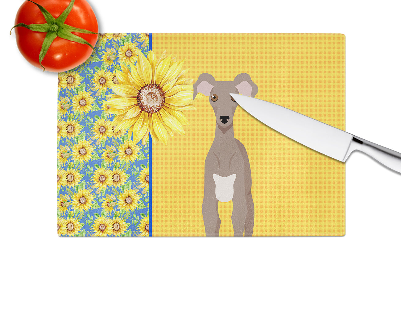 Summer Sunflowers Fawn Italian Greyhound Cutting Board Tempered Glass Kitchen Cutting Surface, Heat Resistant Chopping, Non-Slip Feet, Food Prep & Serving