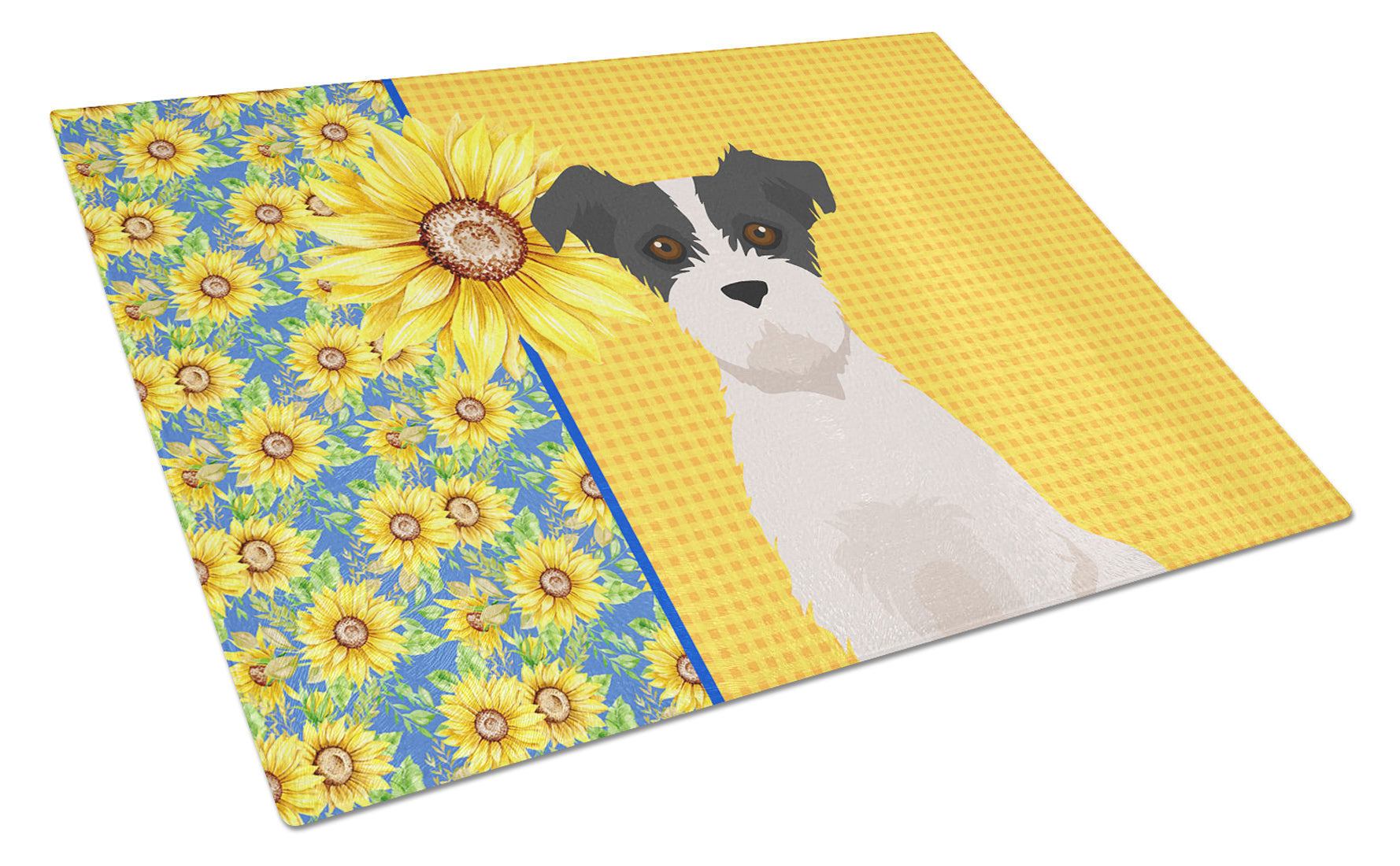 Summer Sunflowers Black White Wirehair Jack Russell Terrier Cutting Board Tempered Glass Kitchen Cutting Surface, Heat Resistant Chopping, Non-Slip Feet, Food Prep & Serving
